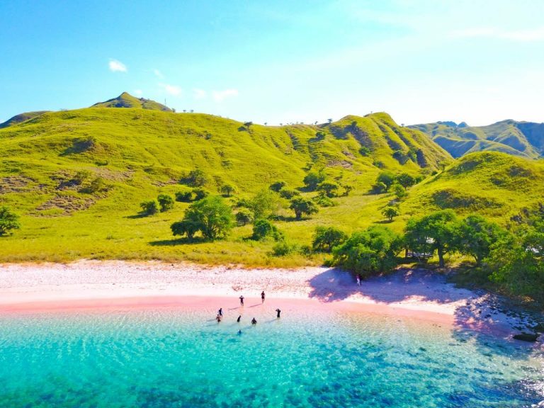Aerial view of a Pink beach in Flores, with a tourist and a yatch